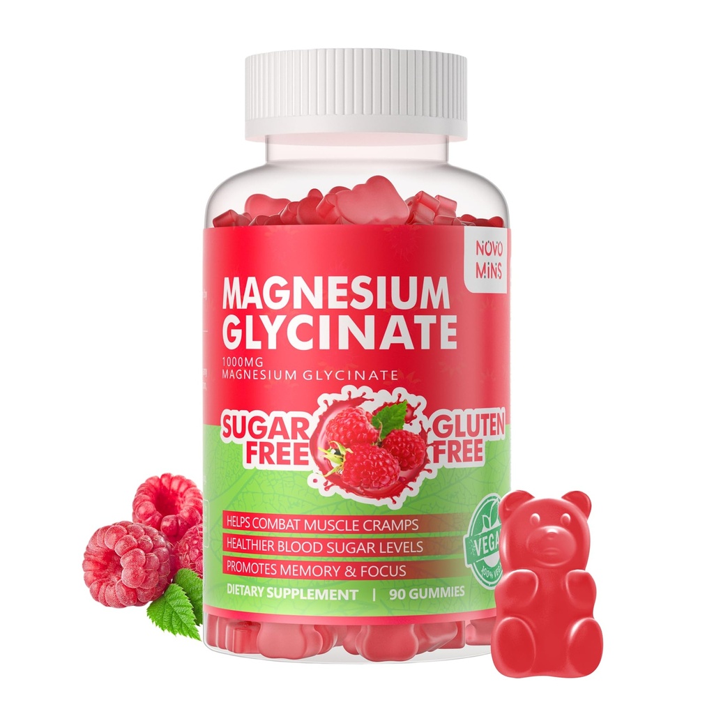 90 TC Magnesio Glycinate Gummies 1000mg - Suplemento de Potasio de Magnesio Libre de Azúcar con Vitamina D, B6, CoQ10 para calma Mood &amp; Sleep Support - 90 Raspberry Gummies