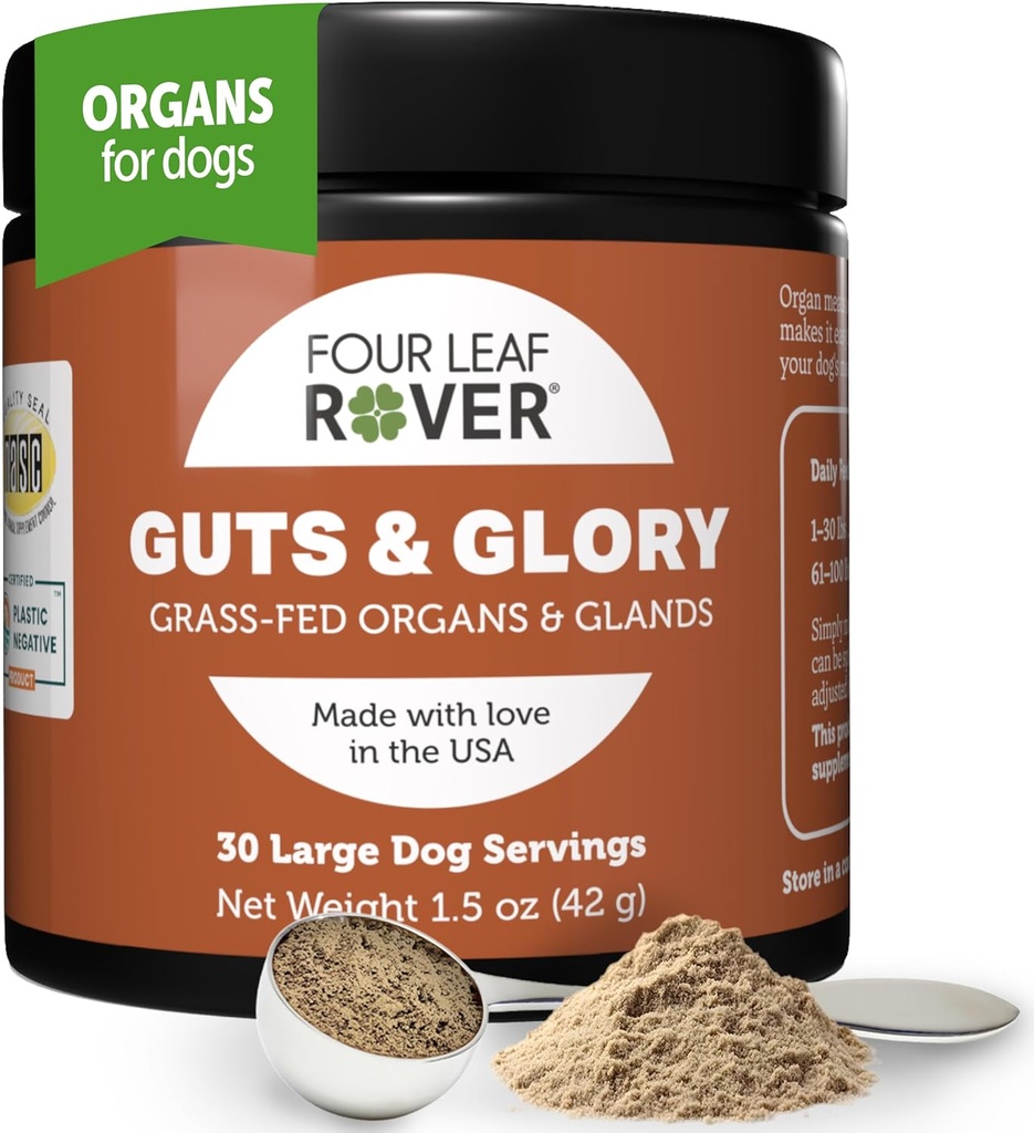 Four Leaf Rover Guts " Glory - Freeze Dried Organs for Dogs - with 100% Grass-Fed New Zealand Beef - Rich in Minerals - Veterinarian Formulated - 30 Grandes Dog Servings