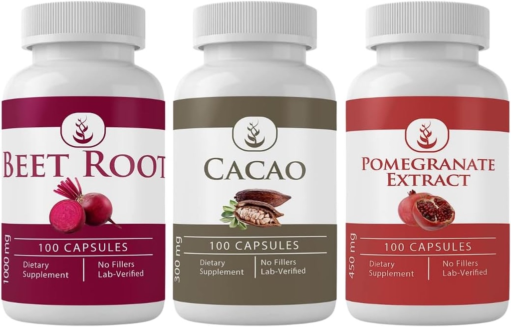 PURE ORIGINAL INGREDIENTES Cacao, Pomegranate, " Beet Root Bundle (100 capsules cada uno), Sin aditivos o artillería, Lab Verified