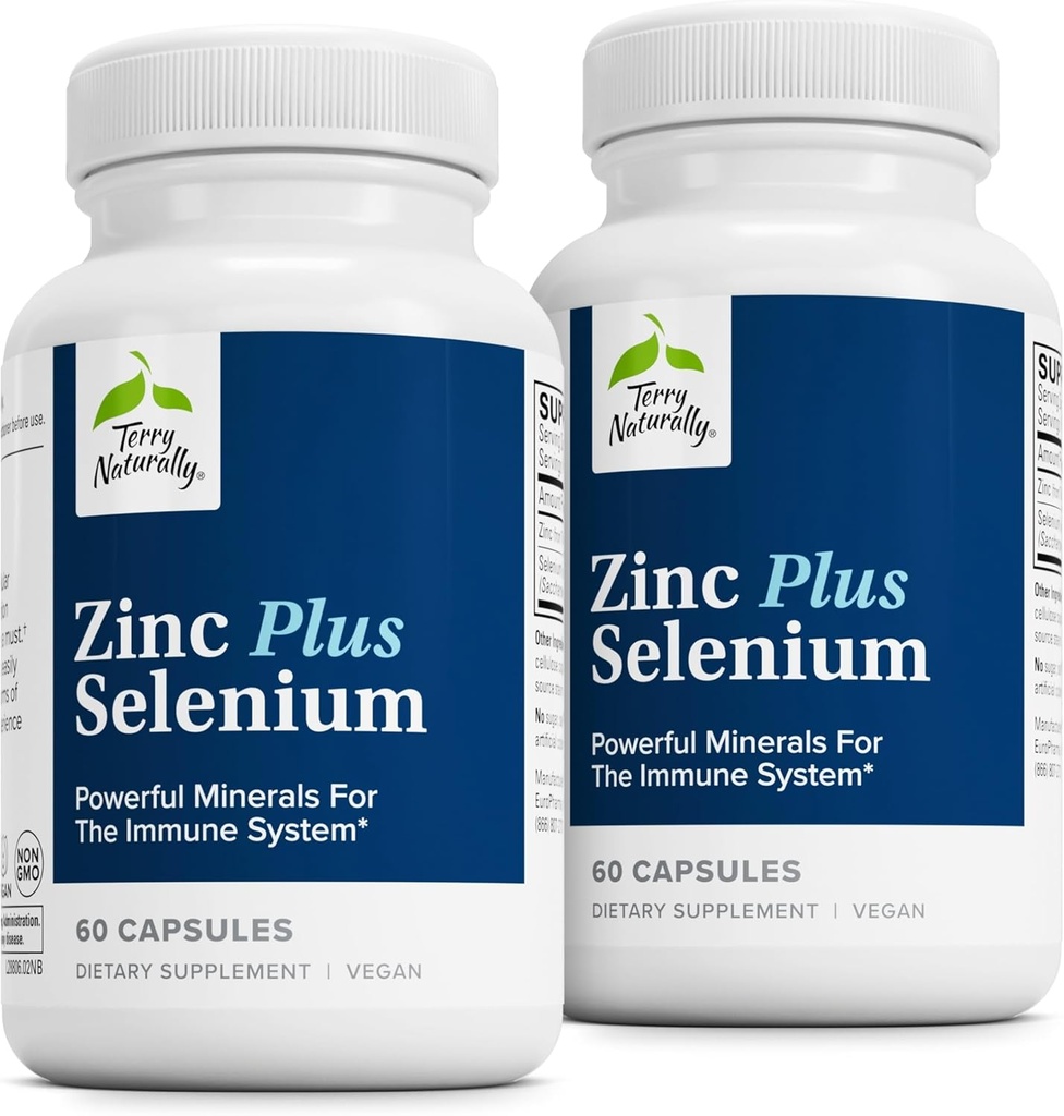 Terry Naturalmente Zinc Plus Selenium - Suplemento de Salud Inmune y Respiratorio - Suplemento Mineral con Chelate Zinc Bisglycinate - Fórmula con Selenio para Soporte de Salud Celular - 60 cápsulas