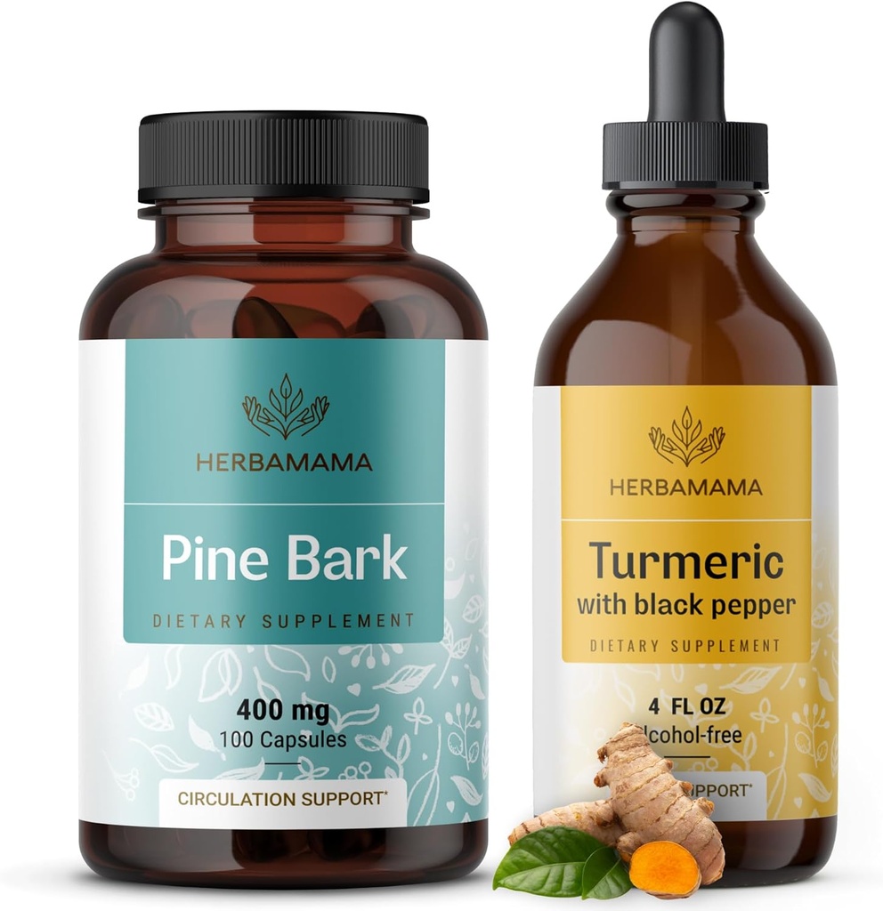 HerBAMAMA Trímeric Extract y Pine Bark Kit - Agrupo de 400 mg Francés Capsules Marítimos " Extracto Turmérico Tintura 2 fl oz - Vegan, No GMO, Azúcar " Sin alcohol - 2 Pack