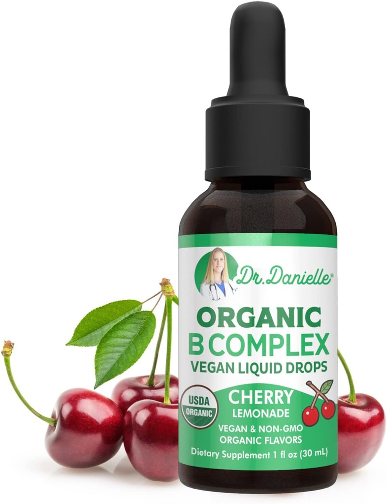 Vitamina orgánica B Complejo gotas líquidos TENIDO B Vitaminas Suplemento Complejo con B3, B6, B7, B9 &amp; Metil B12 gotas para adultos &amp; niños ANTE Vegan Cherry Flavor 1oz TEN 60 Servimientos / 2 Mes de Suministro