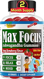 Por lo tanto Max Focus Ashwagandha Calm & Focus Gummies for Kids &amp; Teens, Support Calm Mood, Relax, Anti Stress, Memory, Energy, Relaxation, Low Sugar Vegan, Fruity Flavored- 60 Gummies
