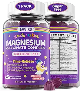 Magnesium Glycinate Gummies for Adults &amp; Kids 4+, Sugar Free Magnesium Bisglycinate Supplement 400/200mg with B6D3, 5HTP, L-Theanine for Sleep & Relax, Brain, Muscle, Melatonin Free Gummies,1Pack