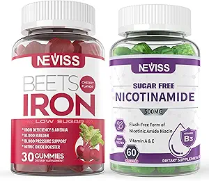 NEVISS Vegan Iron Suplemento, Gentl Iron + azúcar libre Nicotinamide 500mg Gummies