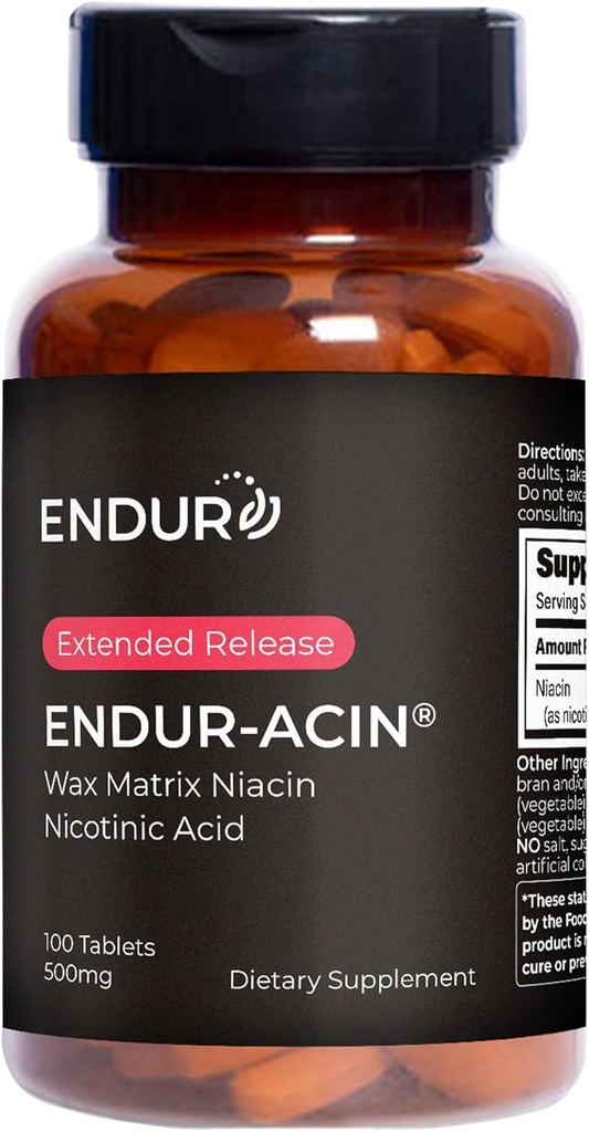 ENDUR-ACIN Niacina - Vitamina B3 Niacina 500mg Extended Release " Low-Flush, 100 Tablets - Supports Cholesterol Balance " Heart Health - Endurance Products