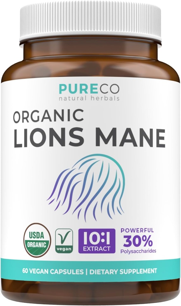 Leones orgánicos Mane suplemento cápsulas - USDA Suplemento de seno orgánico cápsulas con 1000mg León Mane 10:1 Extracto por servicio con 30% Polysaccharides - Vegan " Non-GMO (1 Mes de suministro)