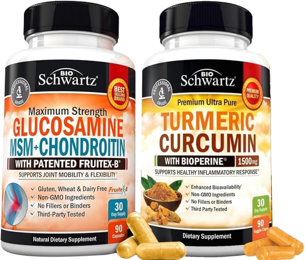 BioSchwartz Curcumina Turmérica con Pepper Negro Extracto 1500mg Complejo (1 Mes de Suministro) Plus Glucosamina Chondroitin MSM Triple Strength Joint Support Suplemento (1 Mes de Suministro)
