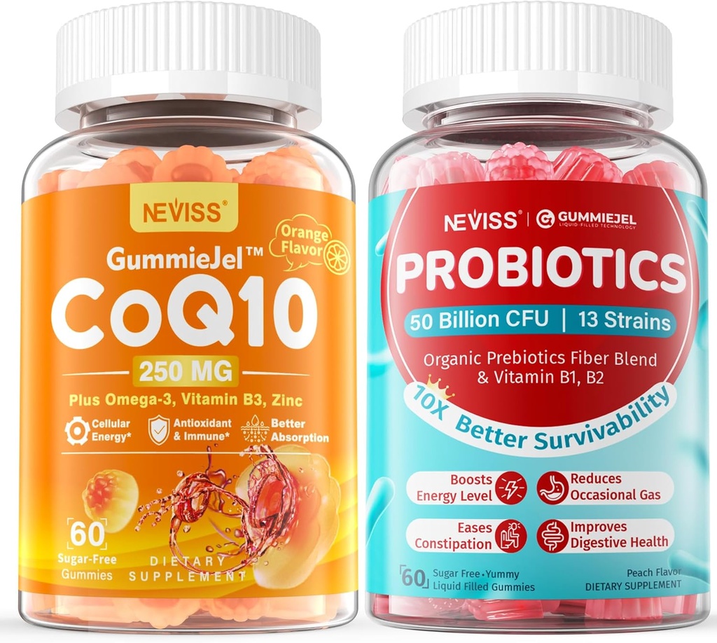 NEVISS Sugar-Free CoQ10-250mg / 500mg Filled Gummies +Sugar Free Probiotics Gummies