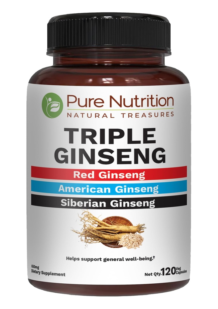 Pura Nutrición Triple Ginseng 650mg tención 120 Caps  durable Complejo para Hombres y Mujeres TENIDO Altamente efectiva Combinación de Ginseng rojo, americano y siberiano. Non GMO
