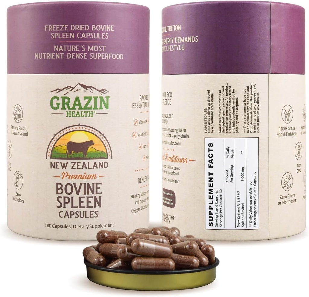 Grass Fed Bovine Spleen Capsules 3000 mg Por Serving Whole Food Organ Supplement with Naturally Occurring Peptides and Micronutrients for Daily Nutrition and Wellness Support 30 Servings