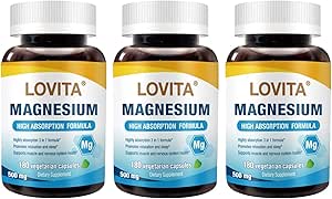 Complejo de Magnesio Triple Lovita 500mg, Fórmula de Alta Absorción y Potencia, Glycinate, Citrate & Oxide, Support Sleep, Relax, Heart, Nerves & Bone Health, 180 cápsulas Vegan