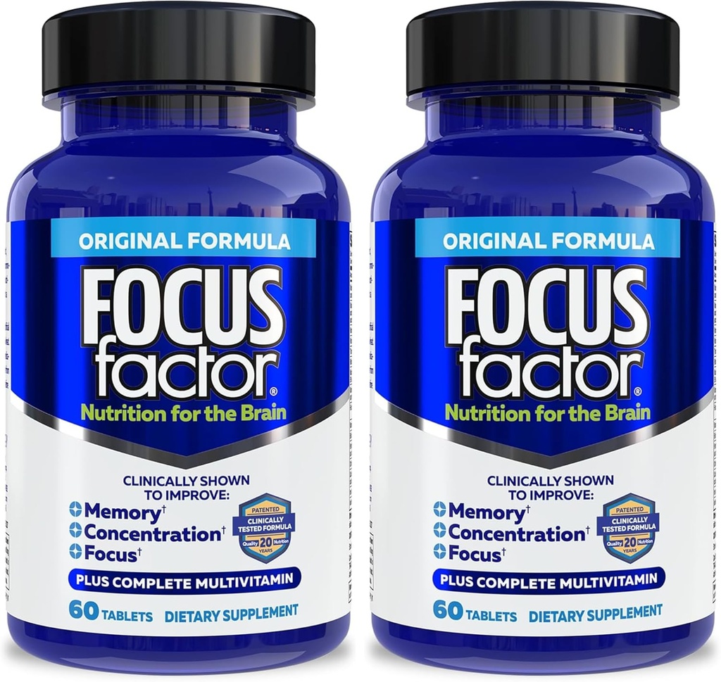 Factor de foco Nutrición para el cerebro, mejor memoria y concentración Suplemento cerebral, multivitamínico completo con vitaminas B6, B12, D, Bacopa Monnieri " Tyrosine, 60 Cuenta (Pack of 2)