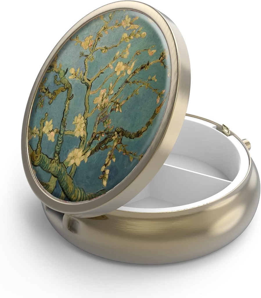 Pill Case Pill Box with Mirror Retro 3 Compartment Small Pill Case for Purse or Pocket Bronze Small Roud Pill Box or Vitamins, Fish Oil, Supplements, Pill Containe Travel Gifts( Vangogh Art)