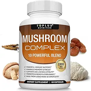 Toplux Mushroom Suplemento Lions Mane - Cordyceps Reishi Chaga 10 Organic Mushroom Blend to Support Immune System, Memory, Focus &amp; Clarity and Increase Energy, for Men Women, 60 Capsules