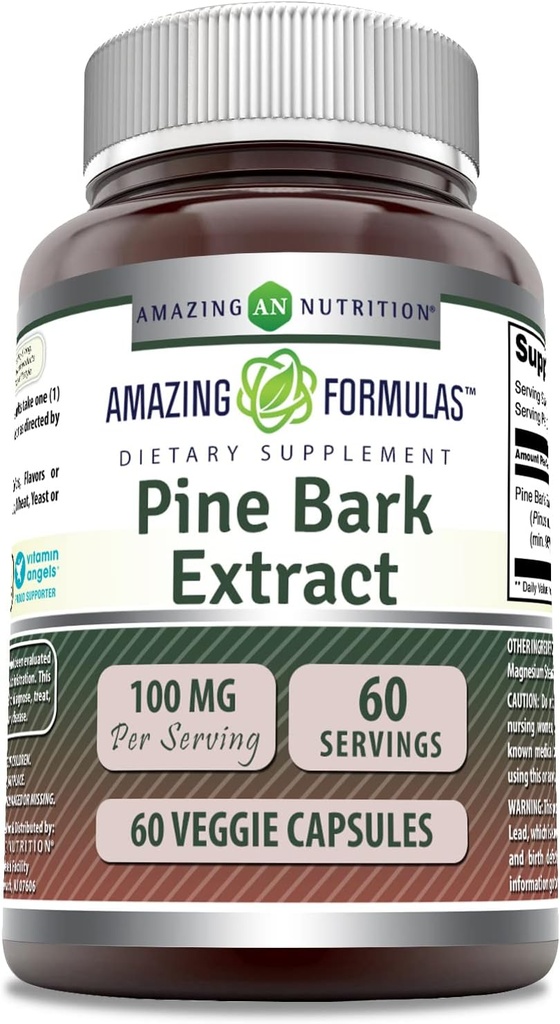 Amazing Formulas Pine Bark Extract 100 Mg | Vegetarian Capsules Supplement | Non-GMO | Gluten-Free | Non-GMO | Gluten-Free | 1 Pack | 60 Count
