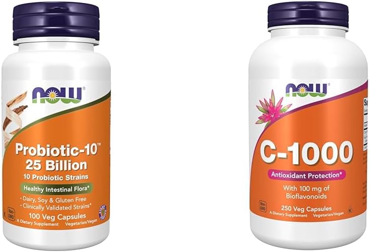 AHORA Suplementos, Probiótico-10TM, 25 billón, con 10 Strains Probióticos, Lechería, Soy y Gluten Gratis &amp; Suplementos, Vitamina C-1,000 con 100 mg de Bioflavonoides, Protección Antioxidante*, 250 cápsulas
