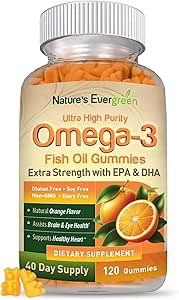 Extra Strength Omega 3 Fish Oil Gummies with DHA &amp; EPA ← Ultra High Purity Omega 3 Gummy Supplement for Healthy Heart, Joint & Brain Support TEN Nature's Vitamins, Orange Flavor TEN 120 Gummies