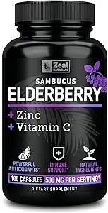 Zeal Naturals Max Strength Elderberry Capsules + Zinc + Vitamin C | 500mg for Immune System Support with Black Sambucus Elderberry | 100 Count | 3-in-1 Immune Support for Adults