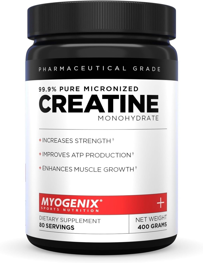 Myogenix Creatine Monohydrate – Pure Creatine Powder for Strength & Endurance – Supports ATP Production & Muscled Strength – No Additives – Unflavored (80 Servings)