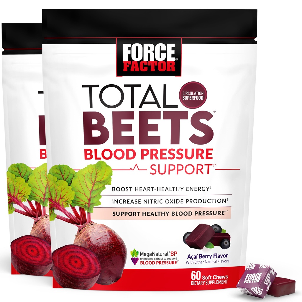 Factor de fuerza Total Beets Presión de la sangre Suplemento con Beets Powder, Chewables de alta calidad para la energía sana del corazón, y aumento de óxido nítrico, 120 Chews, 2-Pack