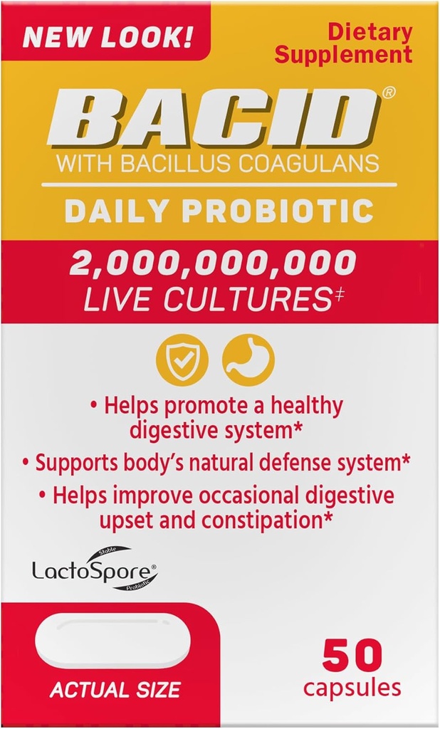 Bacid Daily Probiotic con Bacillus Coagulans, 50 Cuenta, Suplemento de Digestión para mejorar el estreñimiento ocasional