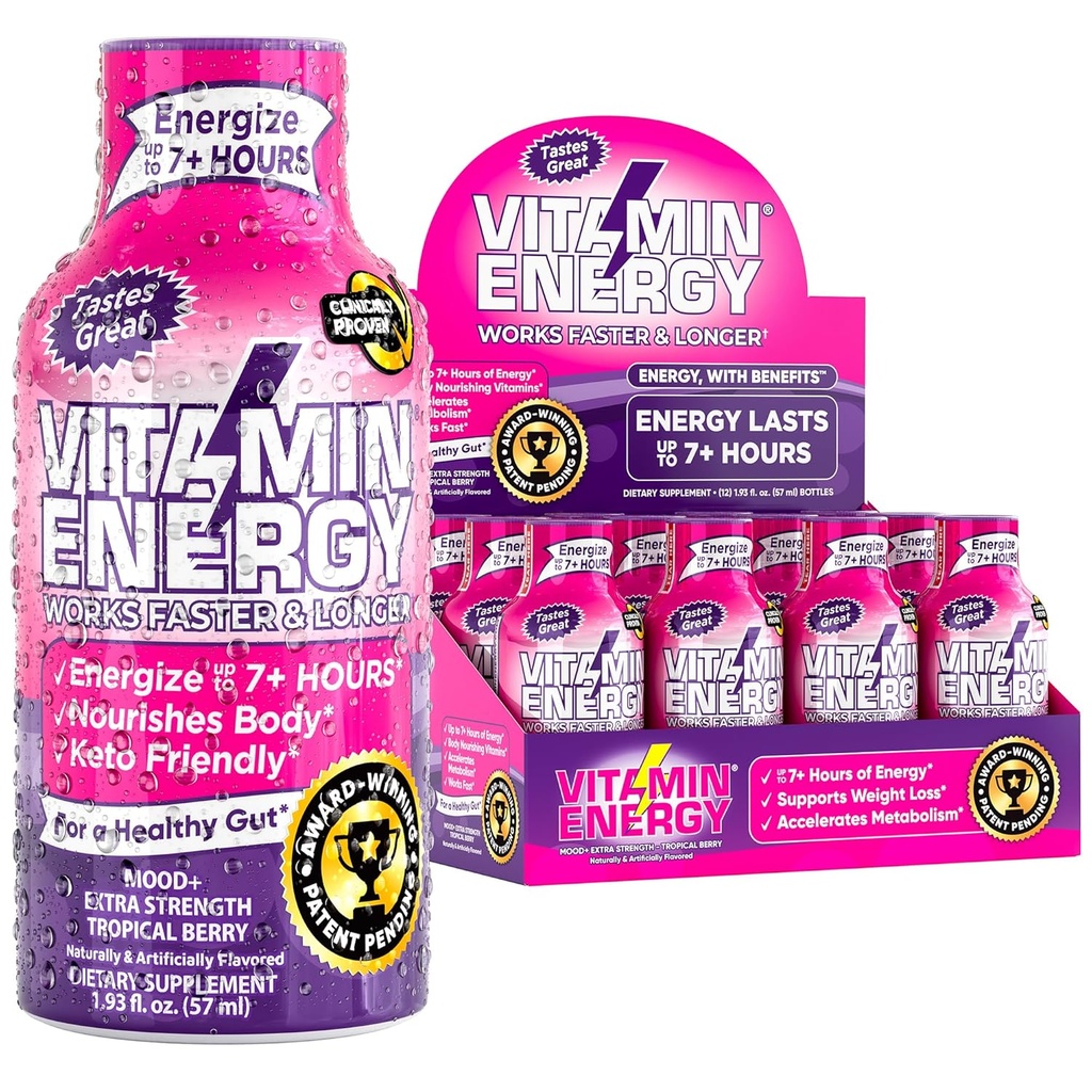 Vitamin Energy Mood+ Energy Shot – Tropical Berry – 100% DV B-Vitamins & 260mg Caffeine de base vegetal – Zero Calories, Sugar-Free, Vegan, Non-GMO – Mood & Energy Support – 1.93 fl oz, 12-Pack