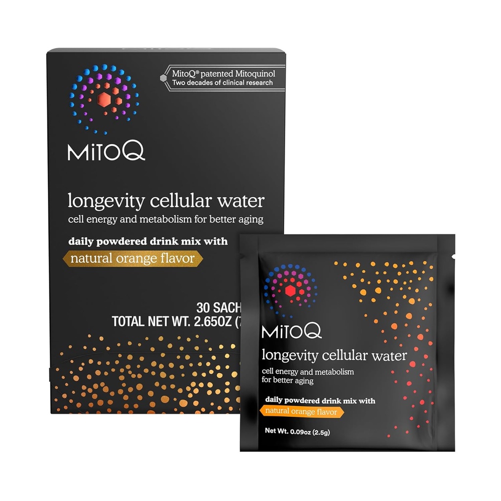 MitoQ Longevity Cellular Water Daily Powdered Drink Mix Natural Orange Flavor - Mitocondria-targeted Antioxidant - Cell Energy and Metabolism for Better Aging (Orange, 30 Packets)