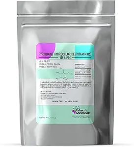 Vitamina B6 Polvo (4 Oz / 113 Gram) Pyridoxina HCL Polvo para una función adecuada de azúcares, grasas y proteínas en el cuerpo soporta el metabolismo y la función del sistema nervioso