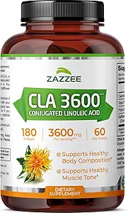 Zazzee High Potency CLA 3600, 180 Softgels, 3600 mg per Serving, Conjugated Linoleic Acid from Safflower Oil, Concentrated and Standardized, 60 Day Supply, Non-GMO and Made in The USA