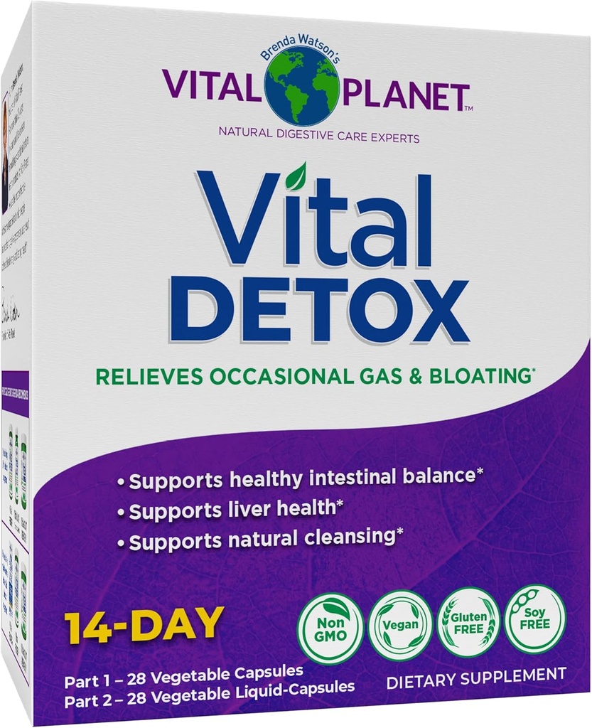 Vital Planet - Vital Detox con Leche Thistle, Quercetin, Alfa Lipoic Acid, Choline, y Herbs, para el Gas y Bloating ocasionales, soporta saludable equilibrio intestinal, 2-Parte 14 Day Kit, 56 cápsulas