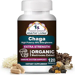 Cáncer Ciencias Chaga Wellness Mushrooms Suplemento, USDA Certified Organic Mushroom Extract, Extra Strength 1,500 mg, High Potency 40% Beta-Glucans, Immune Support, Gut Health, Antioxidant, 120 Caps