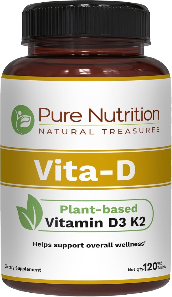 Nutrición Pura Vita D3 K2 - Vitamina Basada en Plantas D3 K2 Suplemento Silencio 120 Tabs tóxico Vitamina D3 6000 UI tóxica Vitamina K2 como MK7 100mcg