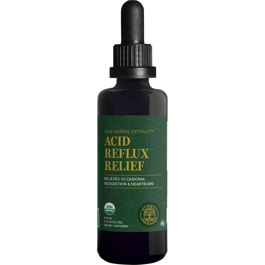Global Healing Acid Reflux Relief Organic Liquid Supplement W/Slippery Elm - Helps Upset Stomach, Heartburn, Indigestion - Supports Body's Defense Against Digestive Issues - 2 Fl oz