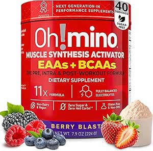 Suplemento de aminoácidos esenciales Oh!mino. Berry Blast, Caffeinated Powder. Los 9 EAAs, BCAAs y el Amino perfecto para los entrenamientos, Amino Energy, y para construir músculo, y recuperar más rápido.