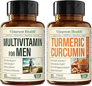 Vimerson Health Men's Multivitamin + Turmeric Curcumin with Black Pepper Extract Bundle. Soporte conjunto e inmunitario, alivio de molestias, propiedades antioxidantes para él