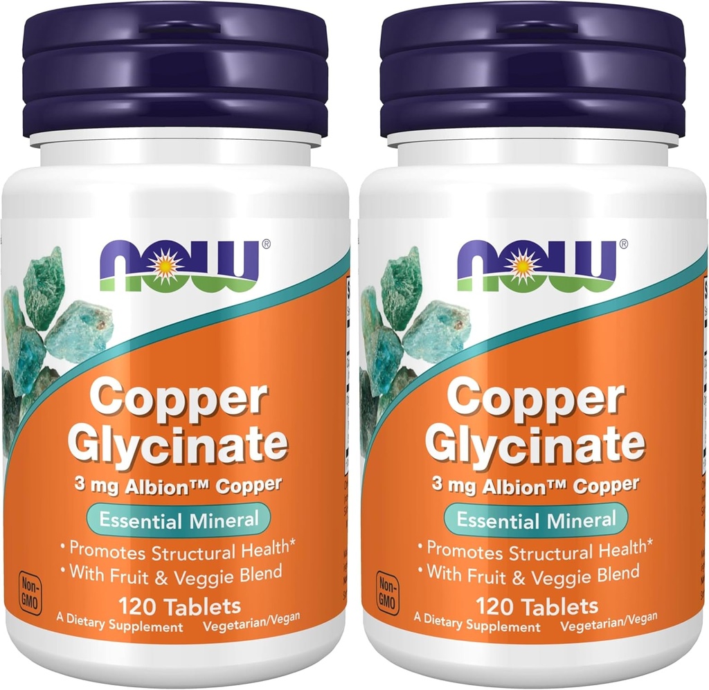 AHORA Suplementos, Copper Glycinate con 3 mg Albion Copper, promueve la salud estructural*, 120 Tabletas, Light Gray, Tan (Pack of 2)