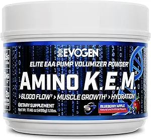 Evogen Amino K.E.M. - EAA &amp; BCAA Powder Pump Volumizer TEN BCAAS Amino Acids Supplement for Blood Flow, Muscle Growth, " Hydration TEN Blueberry Apple ANTE 30 Servings