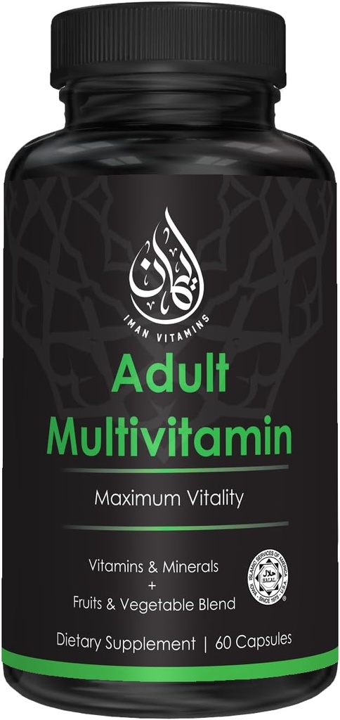 Cápsulas multivitamínicas completas de halal para adultos Hombres " Mujeres ANTE 42 Frutas " Lámina vegetal con hierro, zinc, coQ10, ácido fólico y vitamina A, B1, B3, B6, B12, C, D3, E TENIDO 60 Cuenta