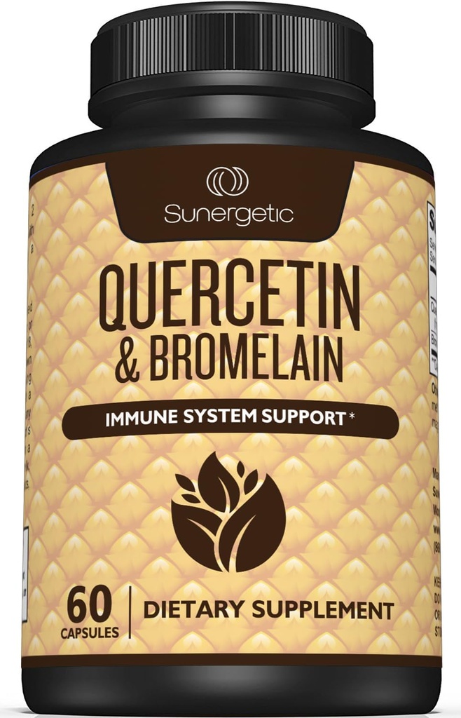 Sunergetic Premium Quercetin &amp; Bromelain Suplemento - Complejo de bromelaina potente quercetina para ayudar a apoyar el sistema inmune &amp; soporte estacional – Quercetin 1000mg Por ser – 60 cápsulas