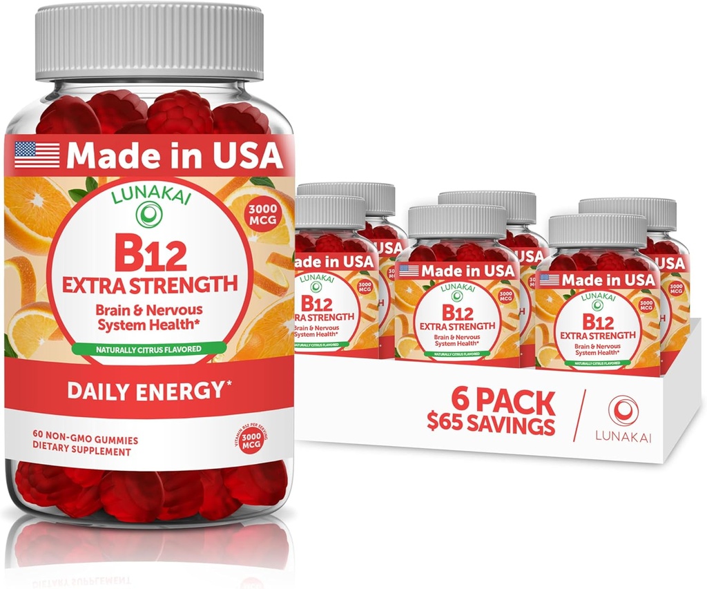 Vitamina B12 Gummies para adultos - Tastiest Proprietary Formula - 3000mcg Methyl B-12 High Absorption Energy Gummies - No GMO Vegan Vit B12 - Chewable B 12 para el soporte energético y la salud de los huesos - 6 Pack