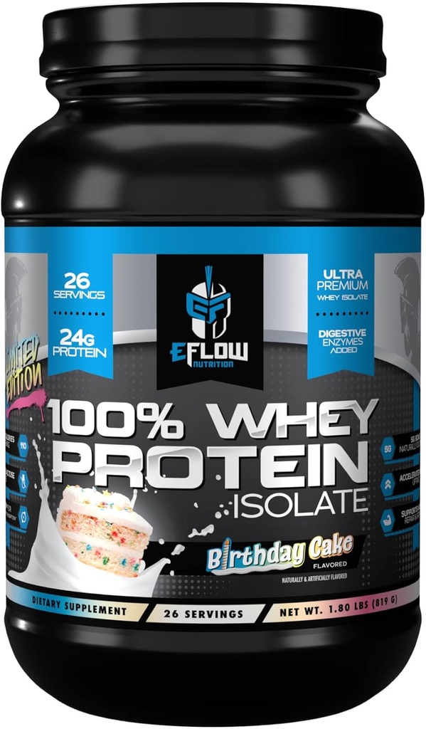 eFlow Nutrition 100% Whey Protein Isolate - Lactose-Free Digestive Enzymes Added, Low Carb, Post Workout Shake, Fast Digesting for Optimal Muscle Recovery - Birthday Cake (26 Servings)