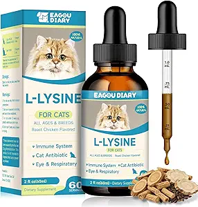 L-Lysine for Cats,Lysine Drops Immune Support Supplement,Sneezing,Cold,Allergy Relief,Runny Nose,Feline Respiratory,Natural Antibiotics for Cats with Colostrum,Taurine (Roast Chicken Flavor/2floz)