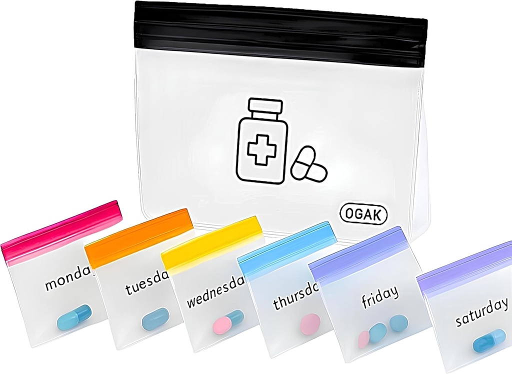 Pill Pouches Bags for Travel Reusable, 7 Day Colored Mini Plastic Bags, Travel Pill Organizer, Small Pill Bags &amp; Large Travel Pill Container, Medicine Storage Bag, Clear Lock Bags.