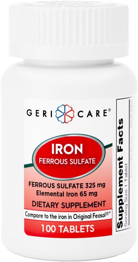 GeriCare Ferrous Sulfate Tablets 325mg, Elemental Iron 65 mg Suplemento de Hierro de Alta Potencia ← Dietary Supplement 100 Count. (Pack of 1)
