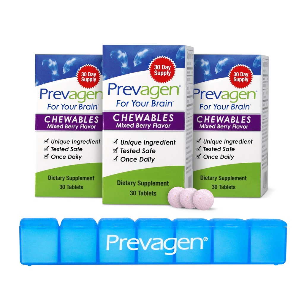 Prevagen Regular Strength Mixed Berry Chewables - 90 Tabletas (3 Mes de Suministro) Silencio Formulado para Su Cerebro ← 10 mg de Apoaequorin Plus Vitamina D3 con 7-Day Pill Minder