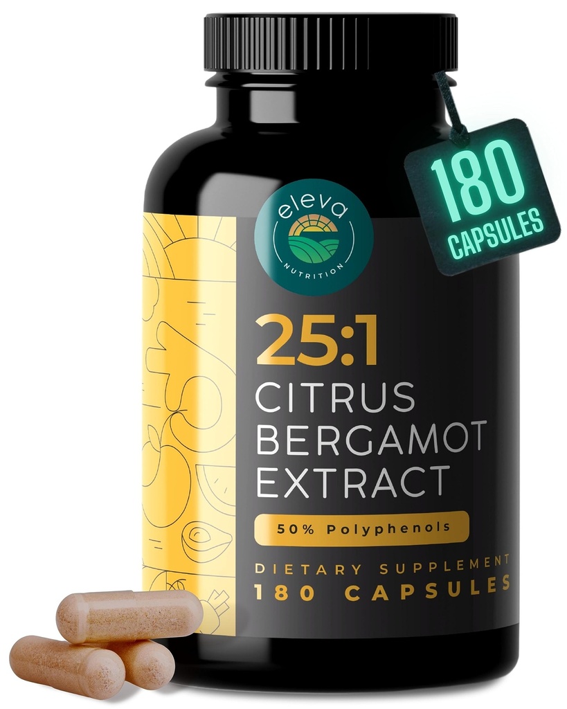 Citrus Bergamot Extracto 1000mg Capsules — Natural 25:1 Citrus Bérgamo Suplemento con 50% Polyphenols Extracto y Black Pepper — Natural Formula Vegan y Non-GMO — 180 cápsulas
