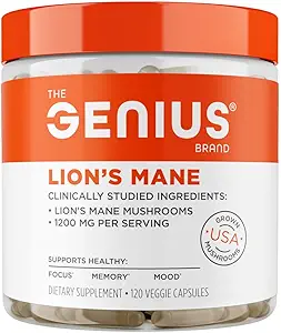 The Genius Brand Genius Lion's Mane - Suplemento de base vegetal para la memoria, Focus &amp; Mood Support - Organic " Non-GMO - 120 Veggie Capsules