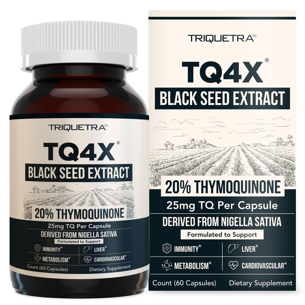 20% Thymoquinone Black Seed Oil Extract Capsules - TQ-Advanced 4X®: Potent Thymoquinone Concentration Available - 60:1 Concentrate from Nigella Sativa, Raw Form, Vegan, Glass Bottle (60 Capsules)