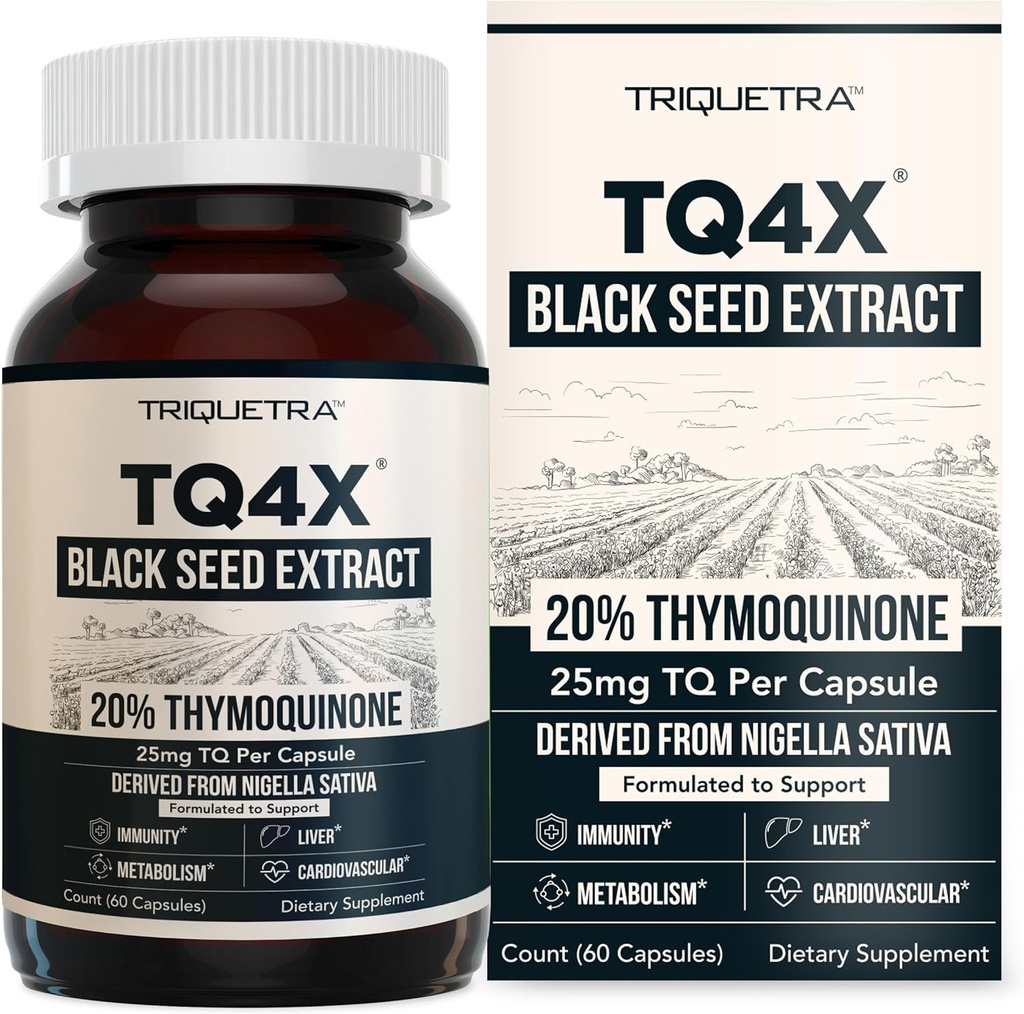 20% Timoquinone Black Seed Oil Extract Capsules - TQ-Advanced 4X®: Potent Thymoquinone Concentration Disponible - 60:1 Concentrate from Nigella Sativa, Raw Form, Vegan, Glass Bottle (60 cápsulas)